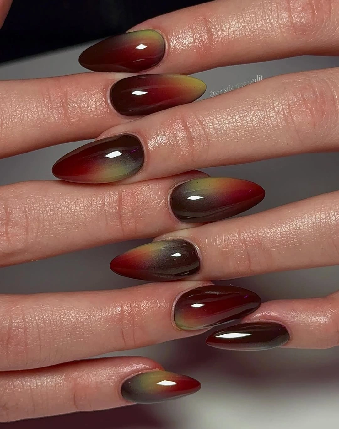 burgundy long almond nails with autumn ombre