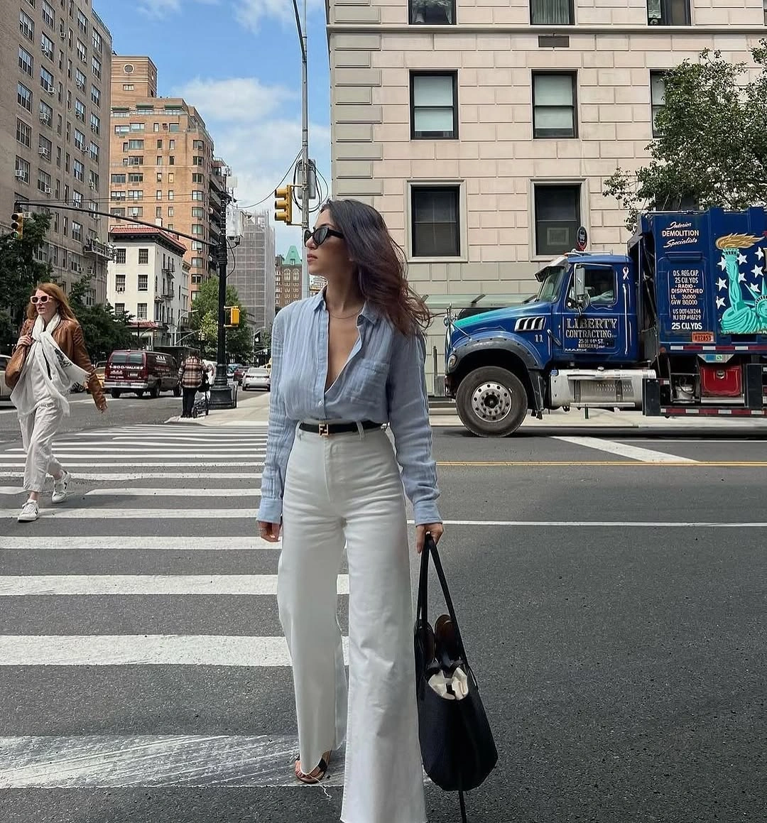 Pale blue gray shirt with wide white trousers