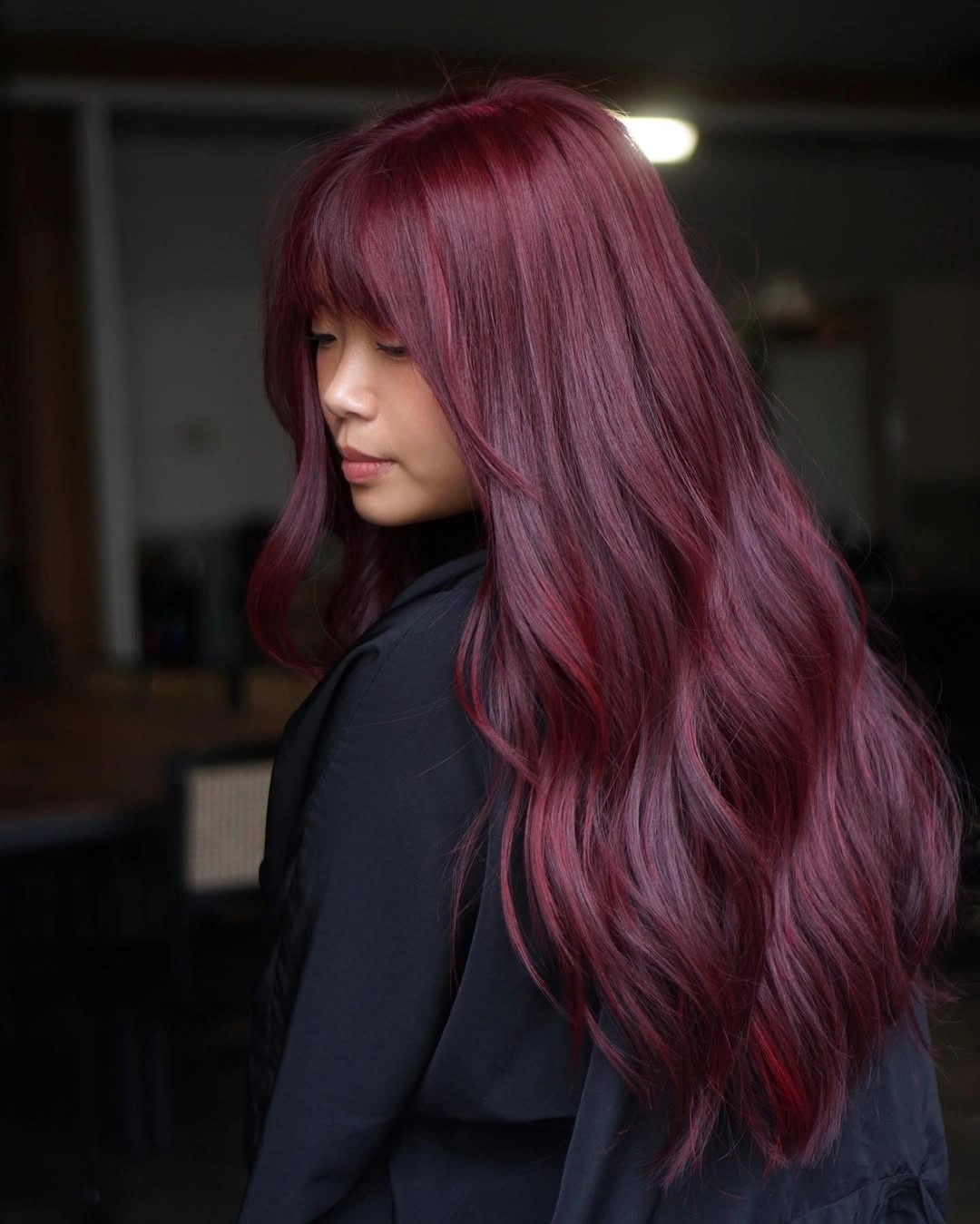 Long purple plum hair with broad layered waves