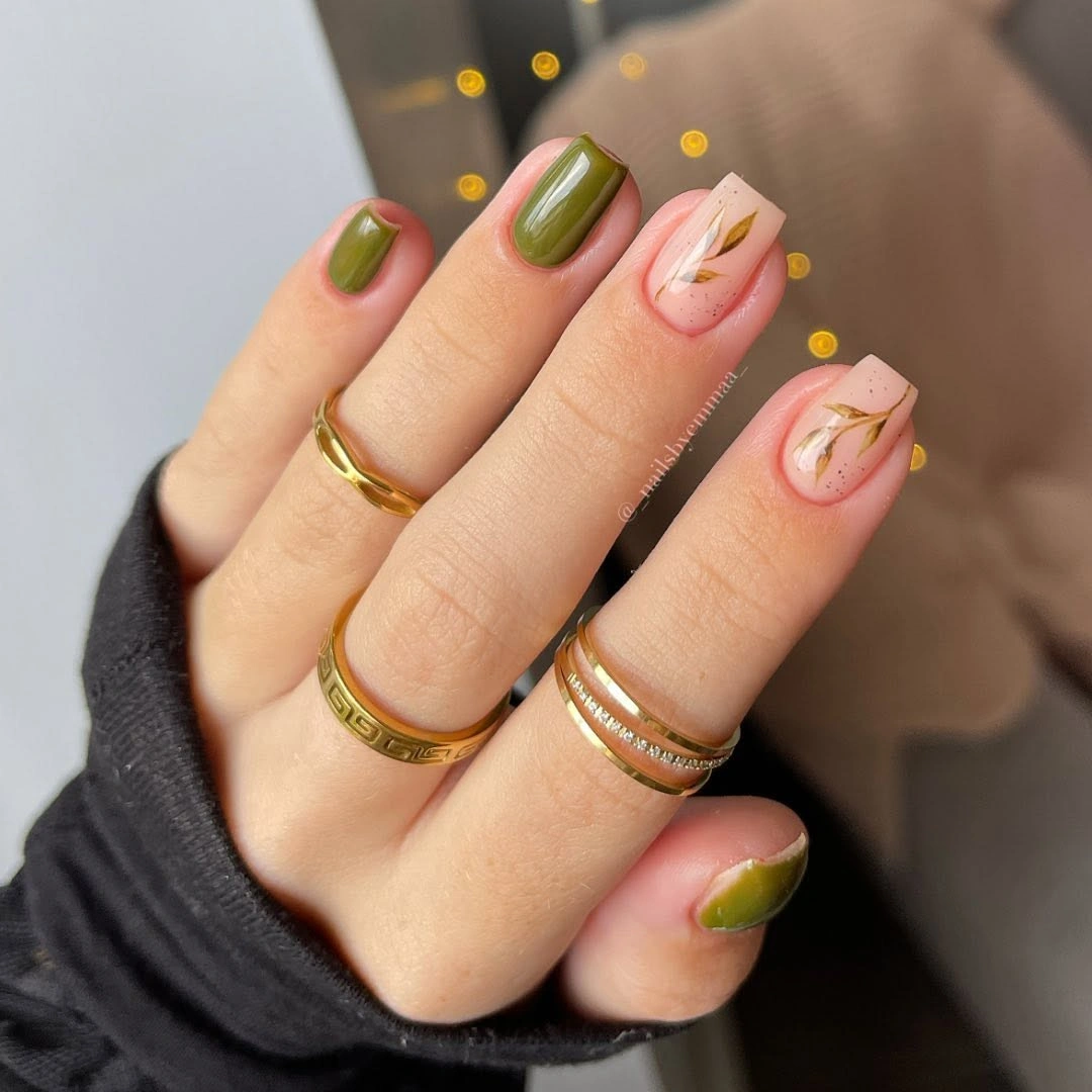 short square olive nails with blush and fine gold accents