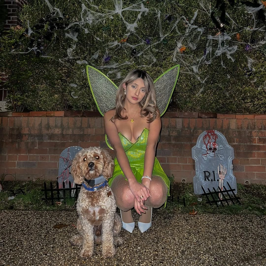 lime green outfit with short fitted green dress with broad wing extension