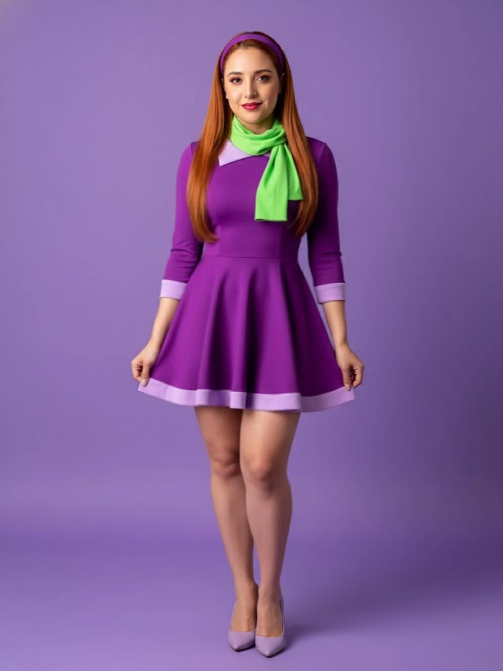 purple outfit with long-sleeve fit-and-flare mini dress with defined waist