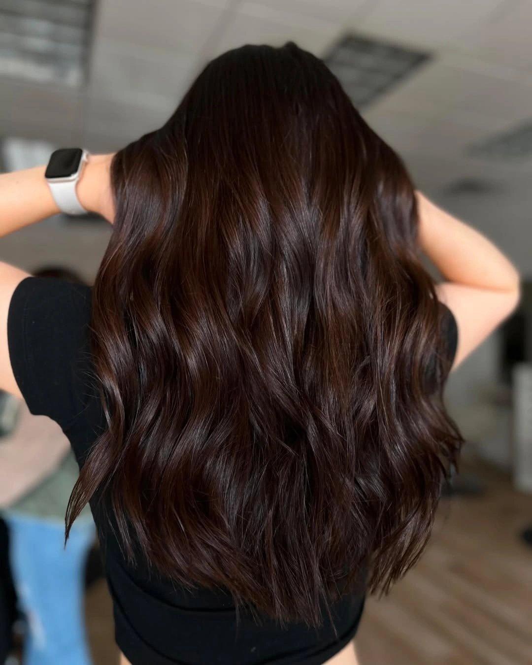 Very long deep espresso brown waves with minimal visible contrast