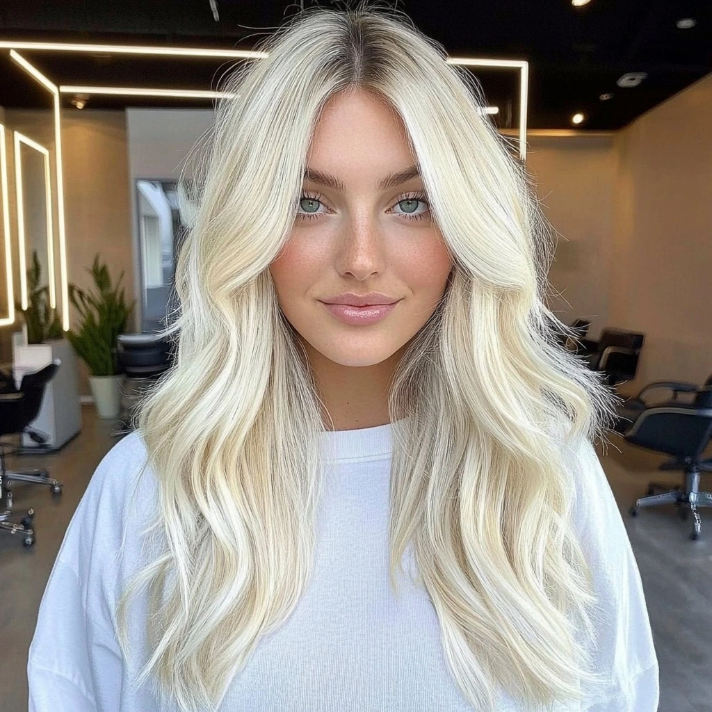 Long pale platinum-blonde waves with creamy white brightness throughout