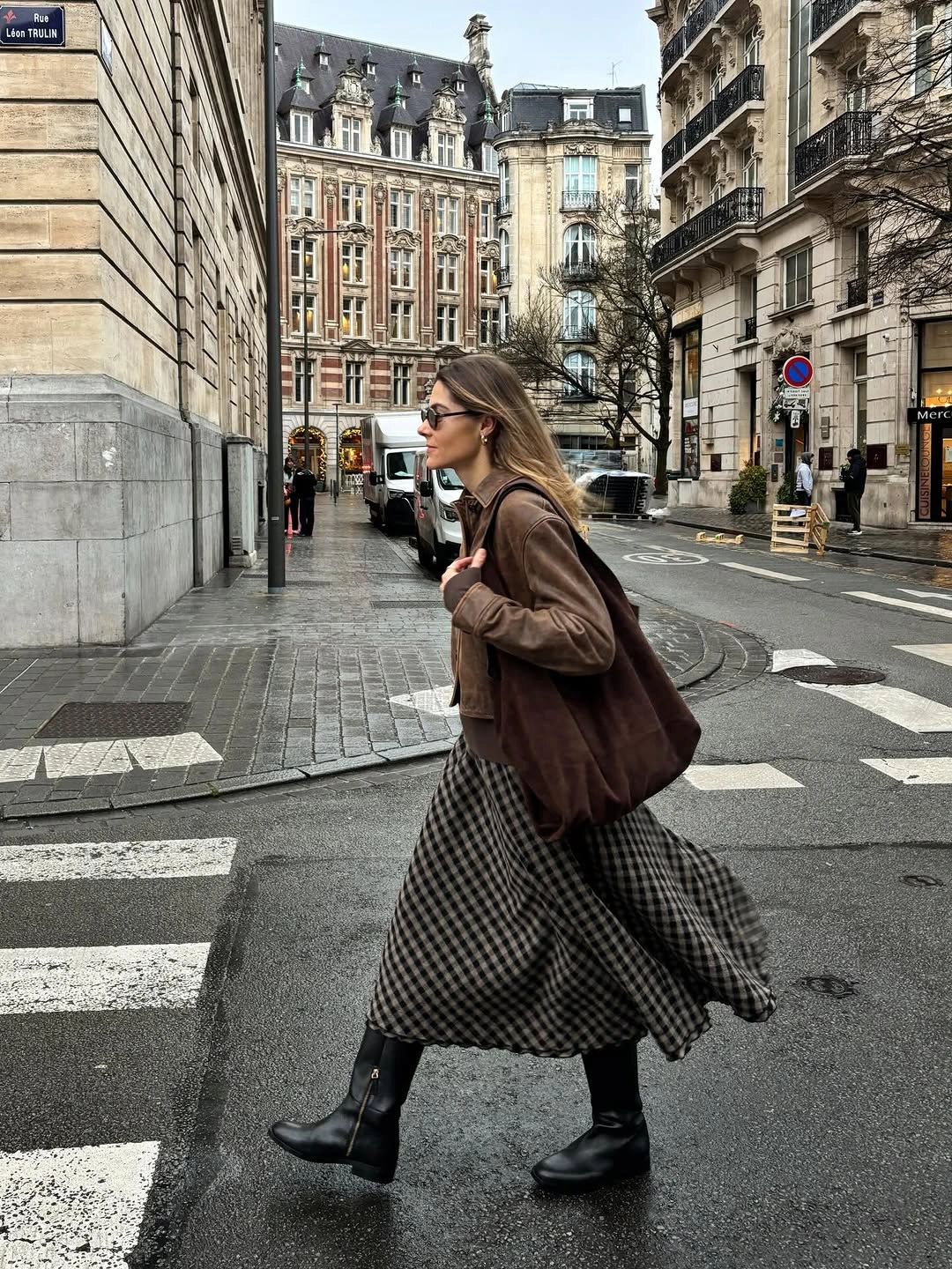 Brown cropped jacket, checked long skirt, black ankle boots