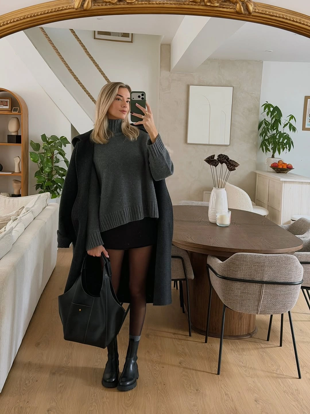 Charcoal oversized sweater with dark coat, tights, boots, and tote