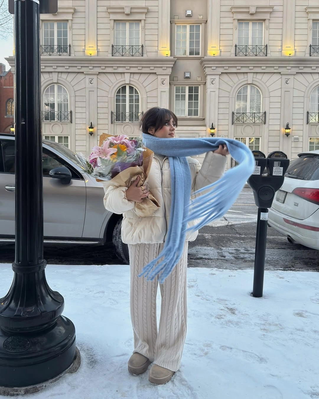 Cream puffed outer layer with blue scarf and knit wide pants