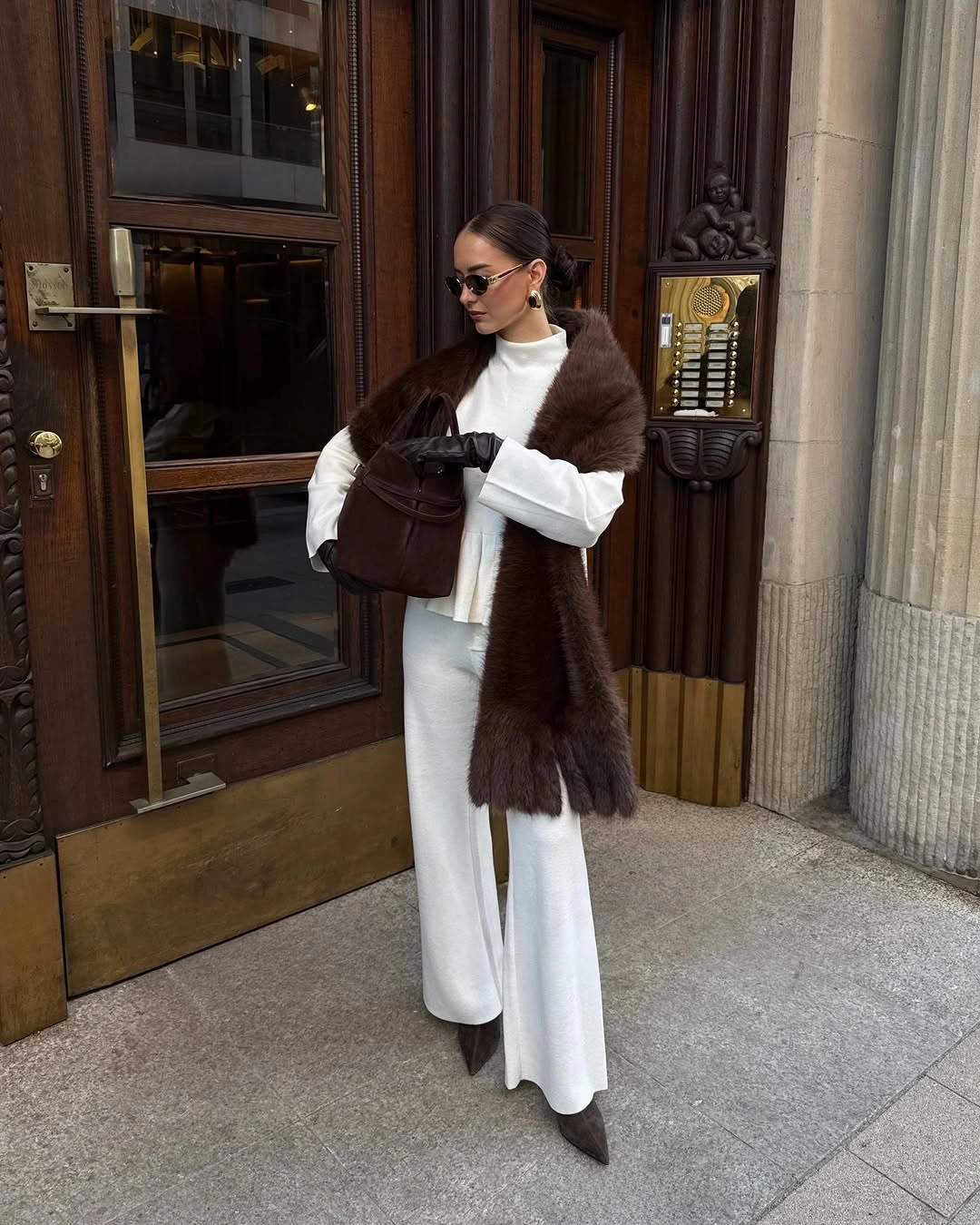 White top and trousers with dark brown plush wrap