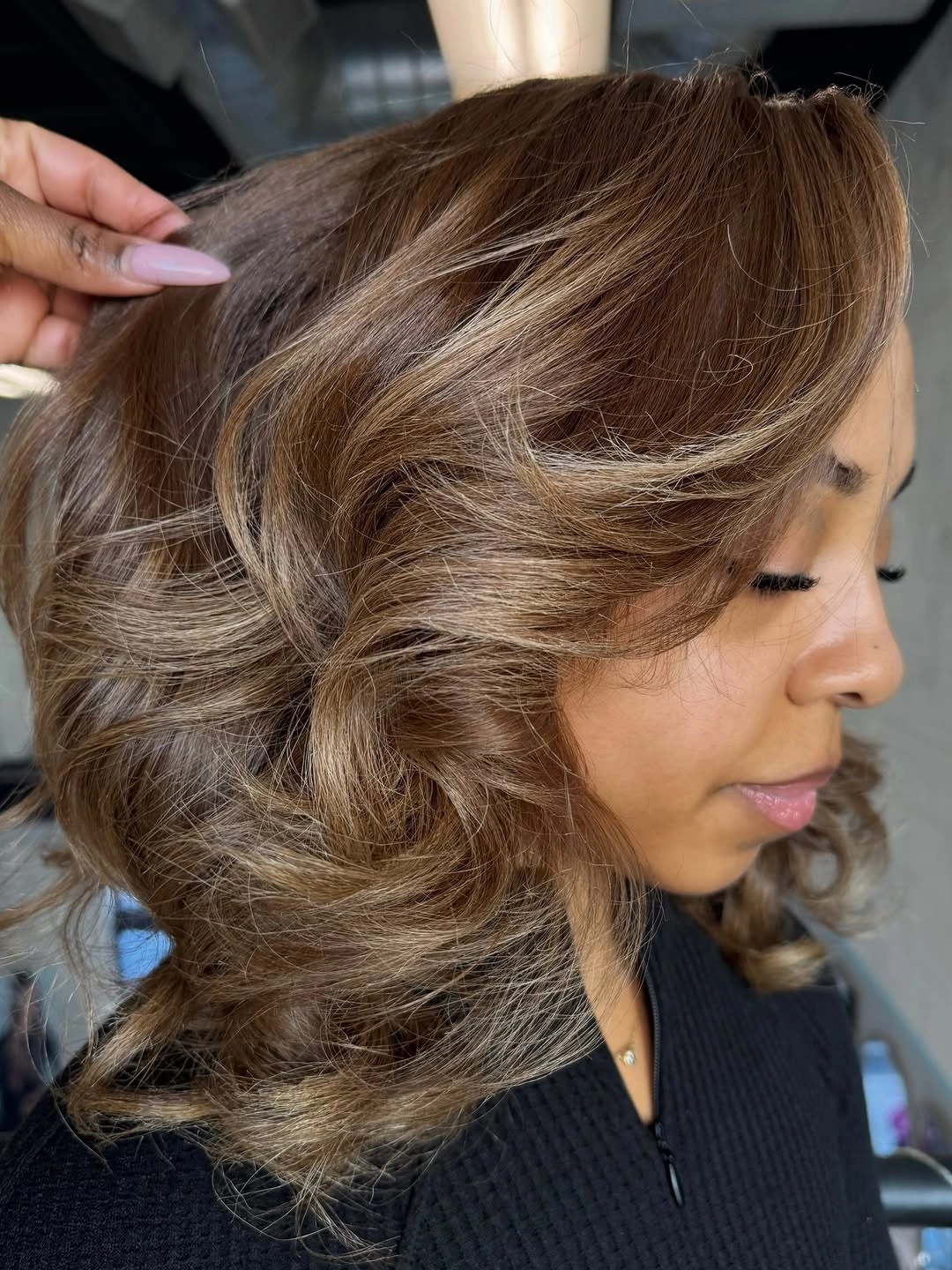 Layered brunette curls with caramel beige front pieces