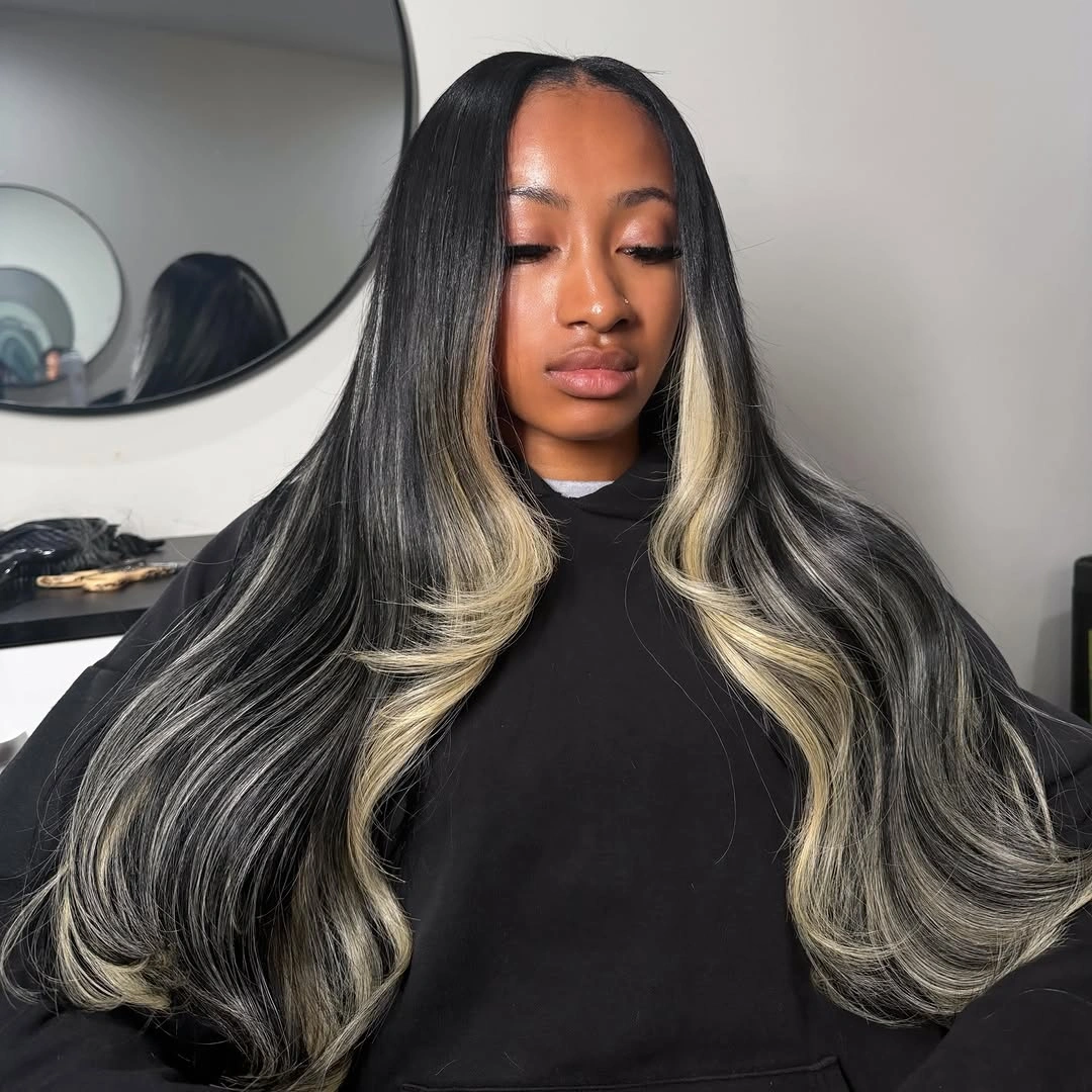Long black waves with pale icy blonde panels
