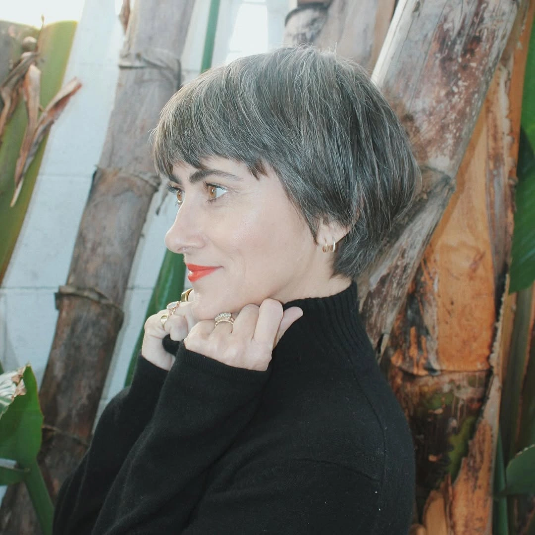 Short gray pixie crop with soft fringe
