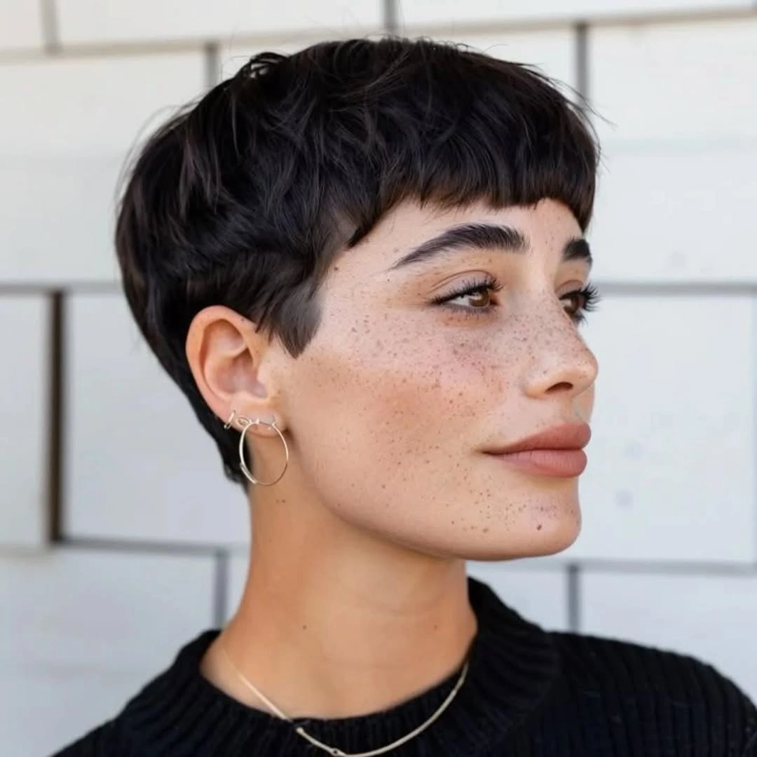Short dark crop with close sides and blunt textured fringe