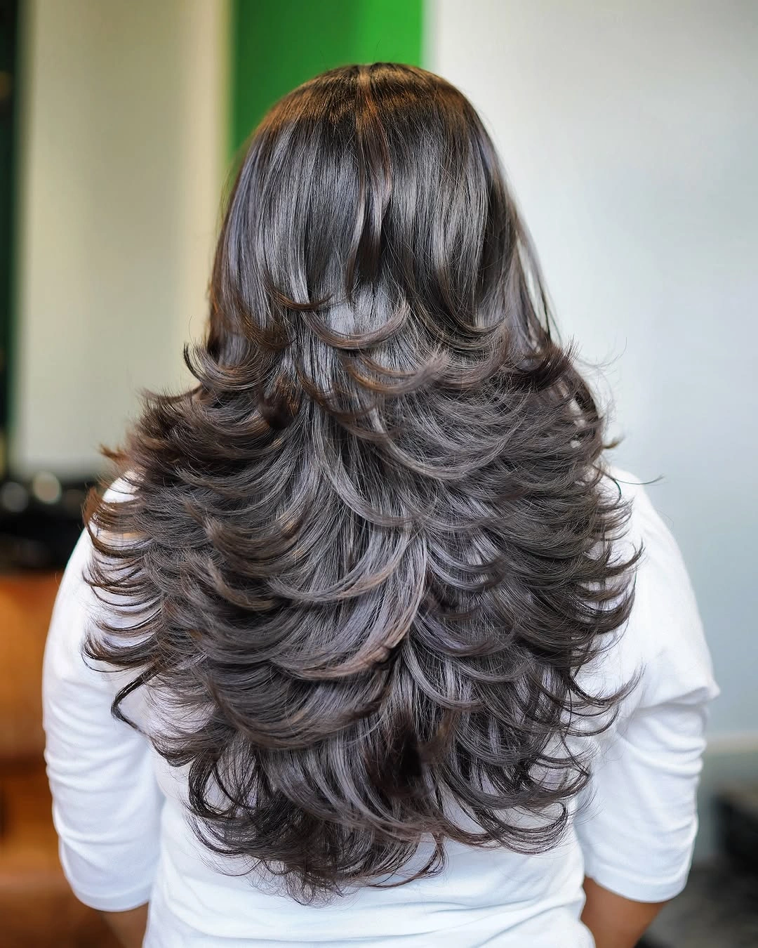 Back view of long dark feathered layers with flipped ends