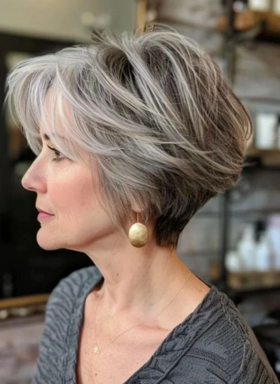 Short silver layered haircut with full crown and tapered nape