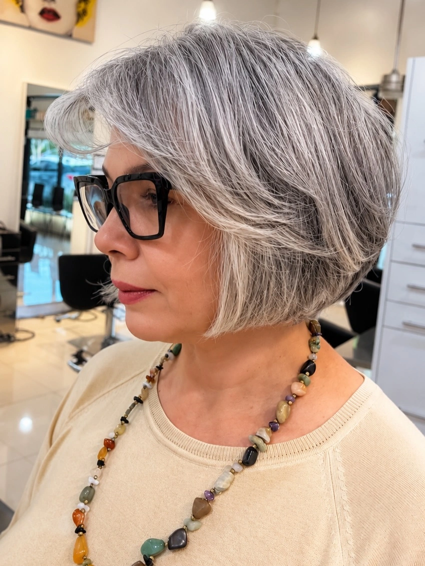 Silver chin-length bob with deep side part and rounded shape