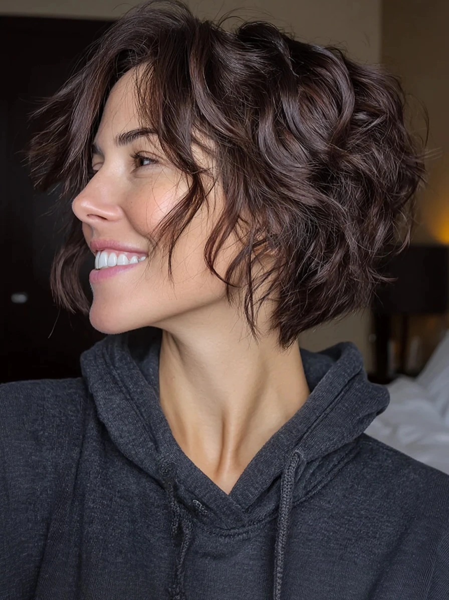 Dark wavy chin-length bob with rounded volume and textured ends