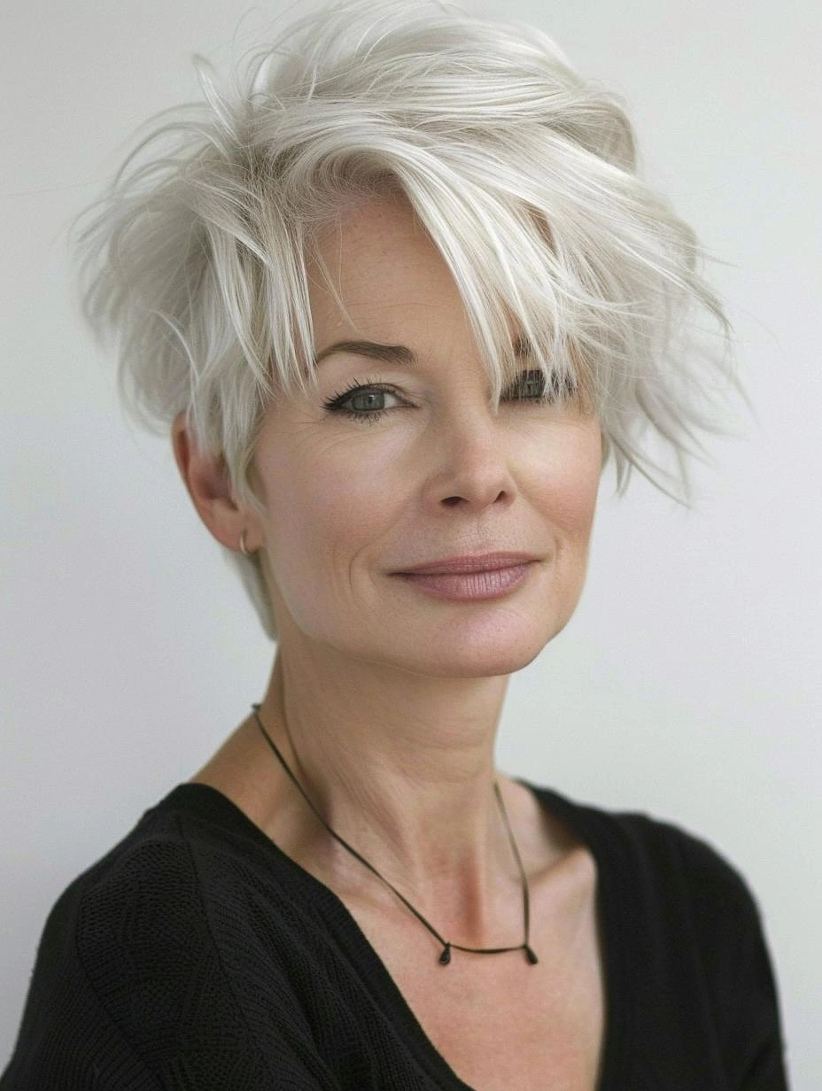 White asymmetrical pixie with long fringe and tapered sides