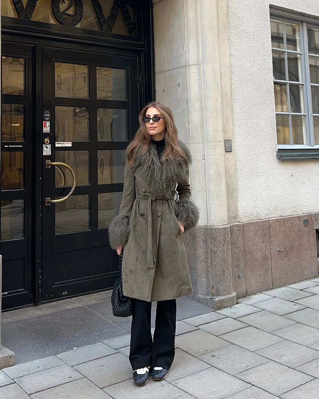 Belted gray-green coat with shaggy collar and cuffs