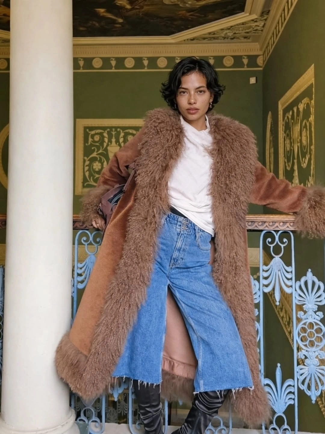 Long brown shaggy-trim coat with blue denim