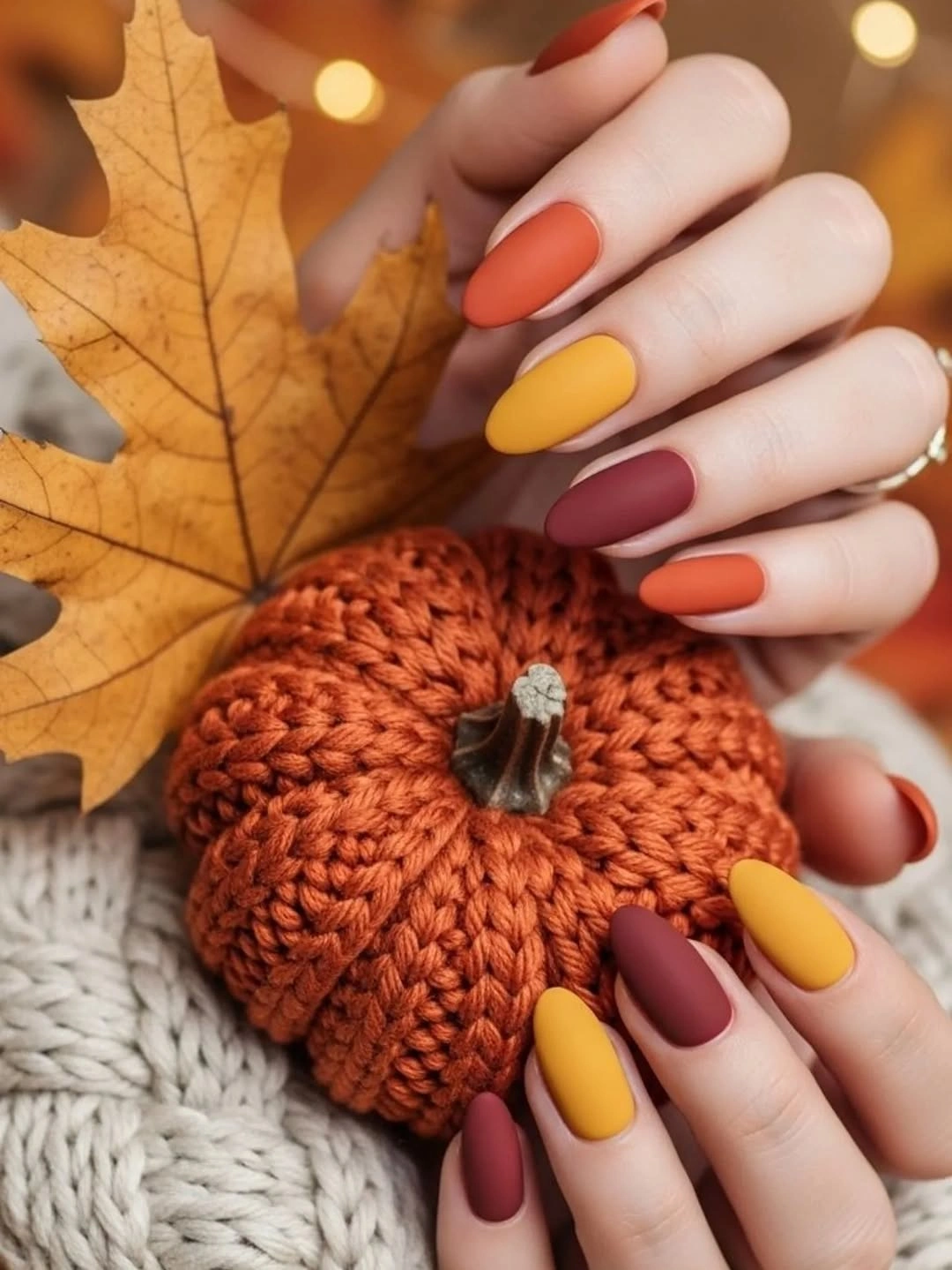 Almond nails in rust mustard burgundy and deep brown solids