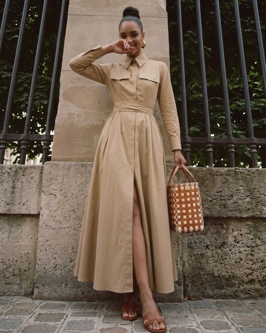 Beige belted shirt dress with collar buttons and checkered handbag