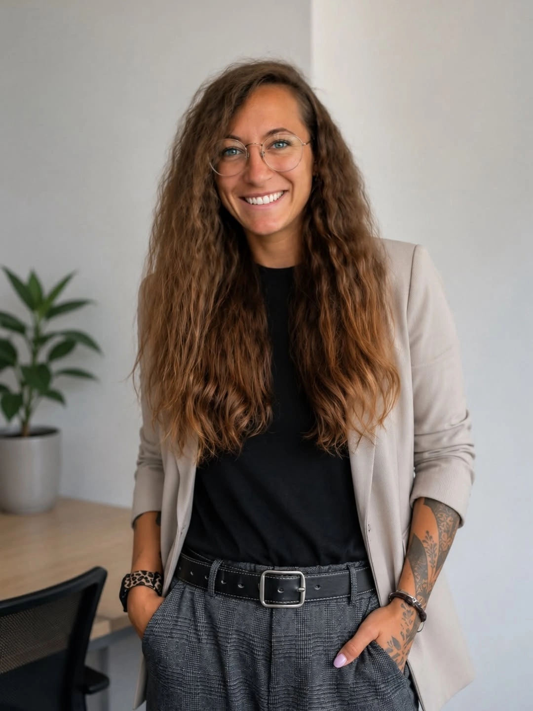 Light blazer black top checked gray trousers and black belt