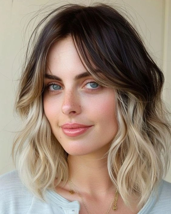 Blonde shoulder-length lob with center part and soft outward waves