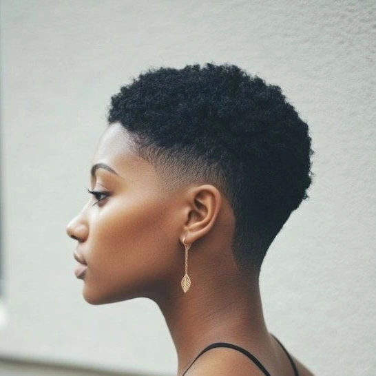 Short tapered haircut with close sides and dense top coils