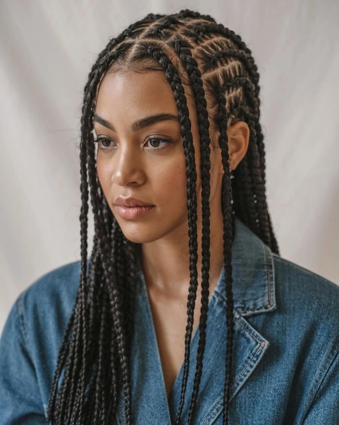 Long dark braids with visible parting and denim jacket
