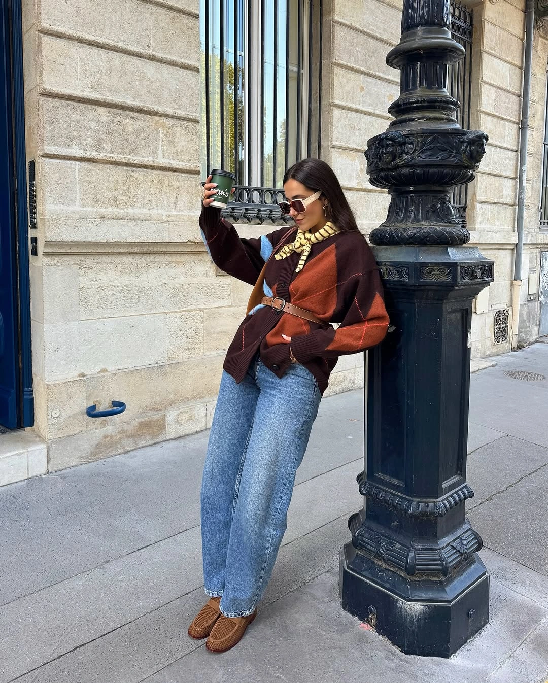 Brown color-block cardigan with jeans scarf and tan loafers