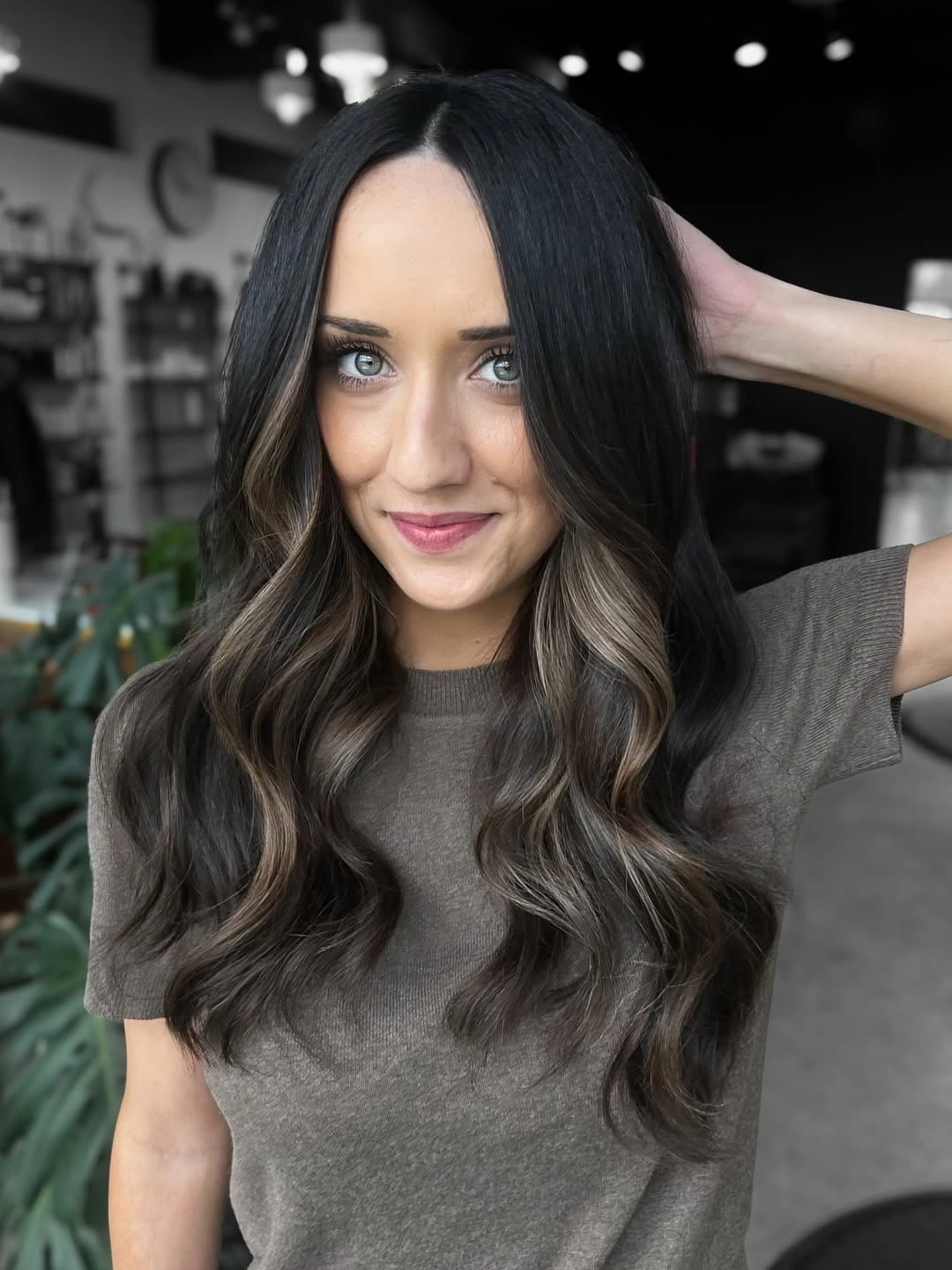 Near-black brunette waves with smoky ash-beige light ribbons