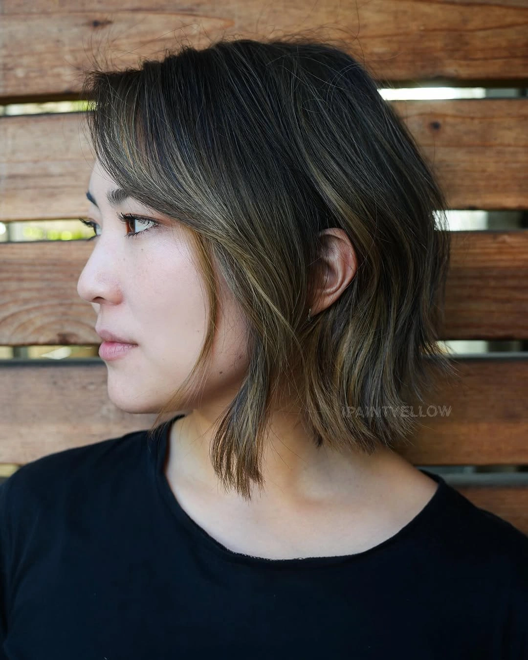 Short dark brunette bob with muted smoky taupe-brown pieces