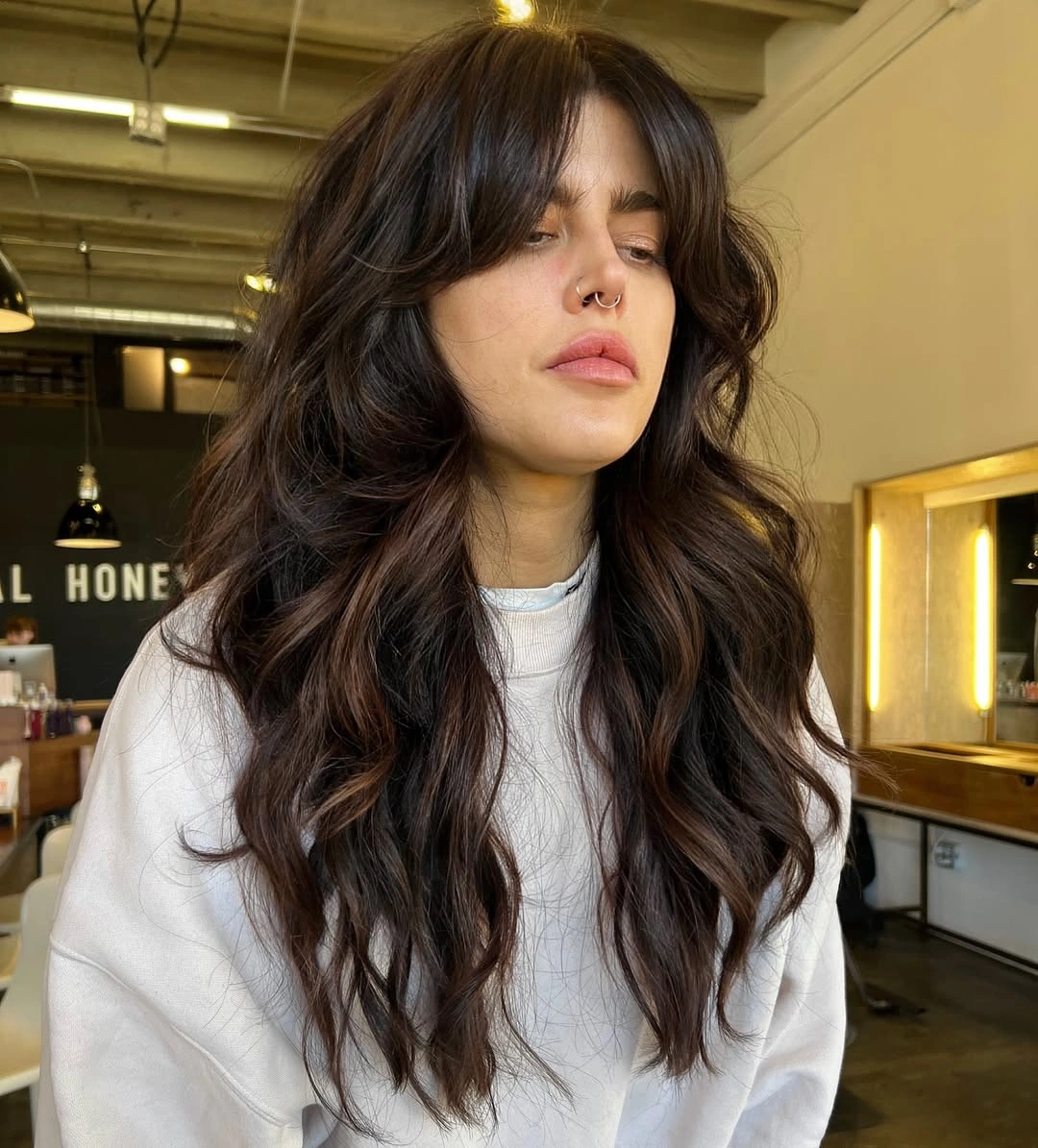 Long near-black espresso waves with full curtain fringe