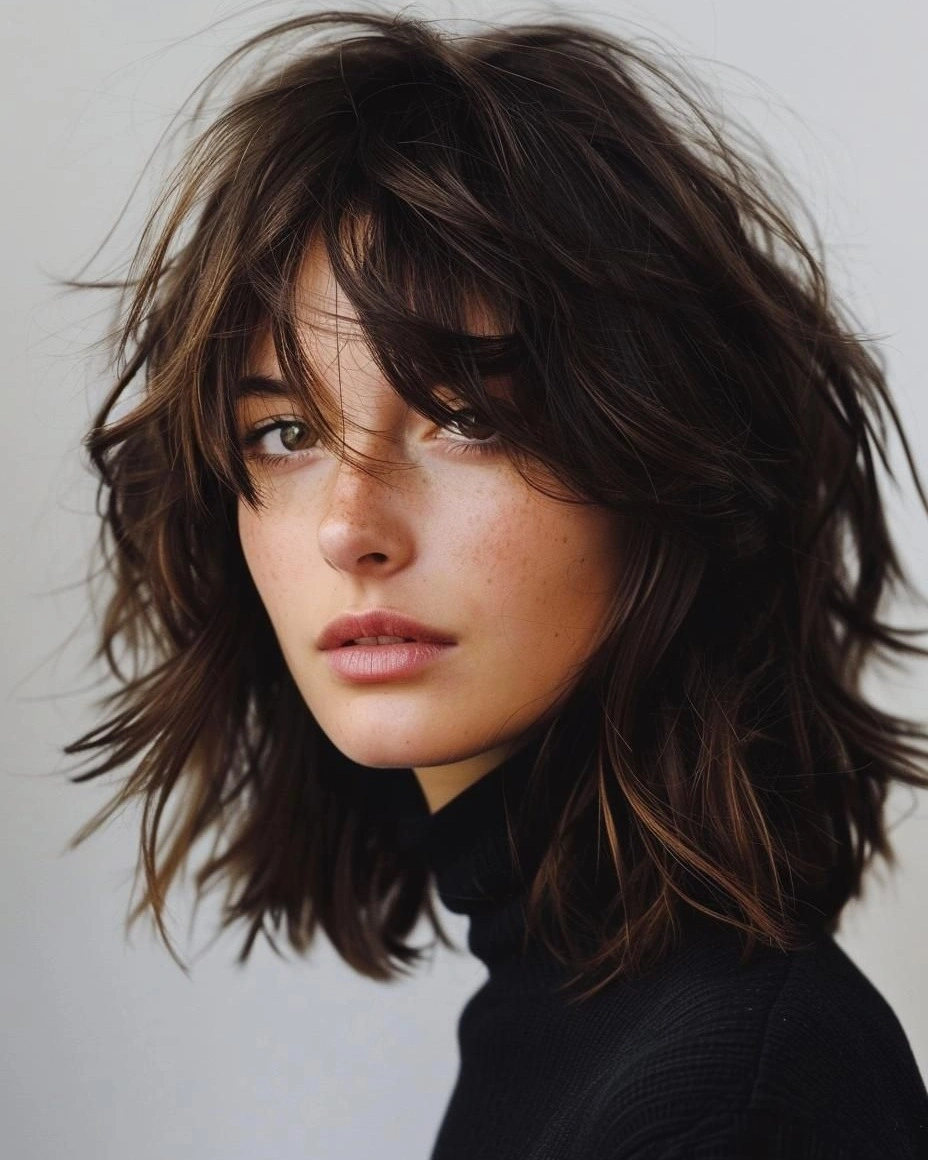 Dark shoulder-length shag with curtain fringe and feathered ends