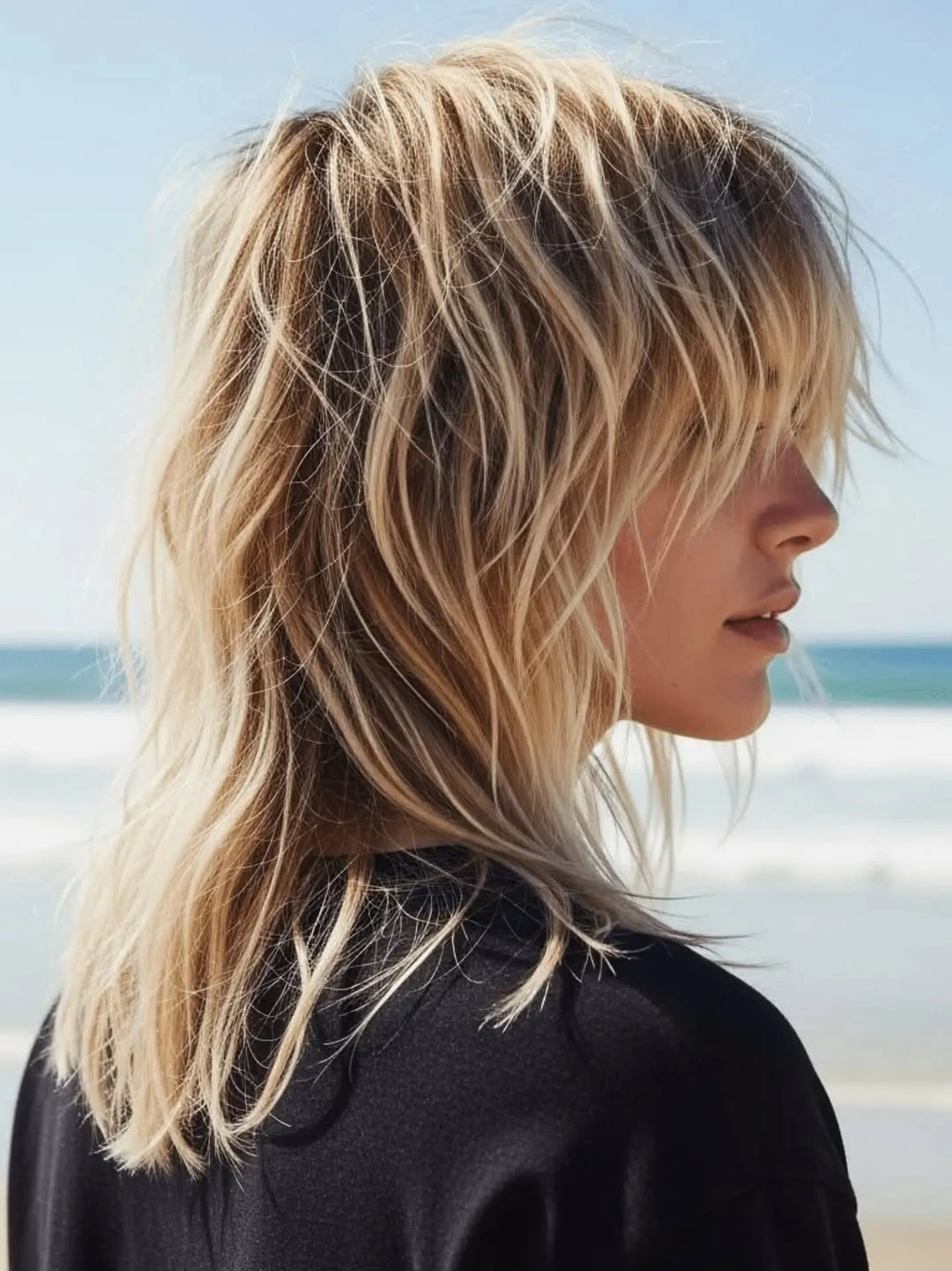 Blonde shoulder-length shag with curtain bangs and wispy layers