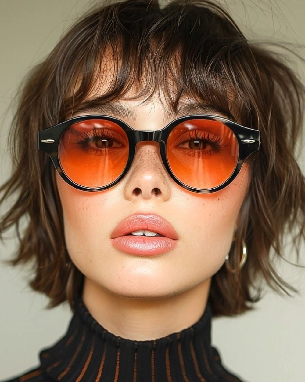 Short brunette shag-bob with wispy bangs and flicked ends