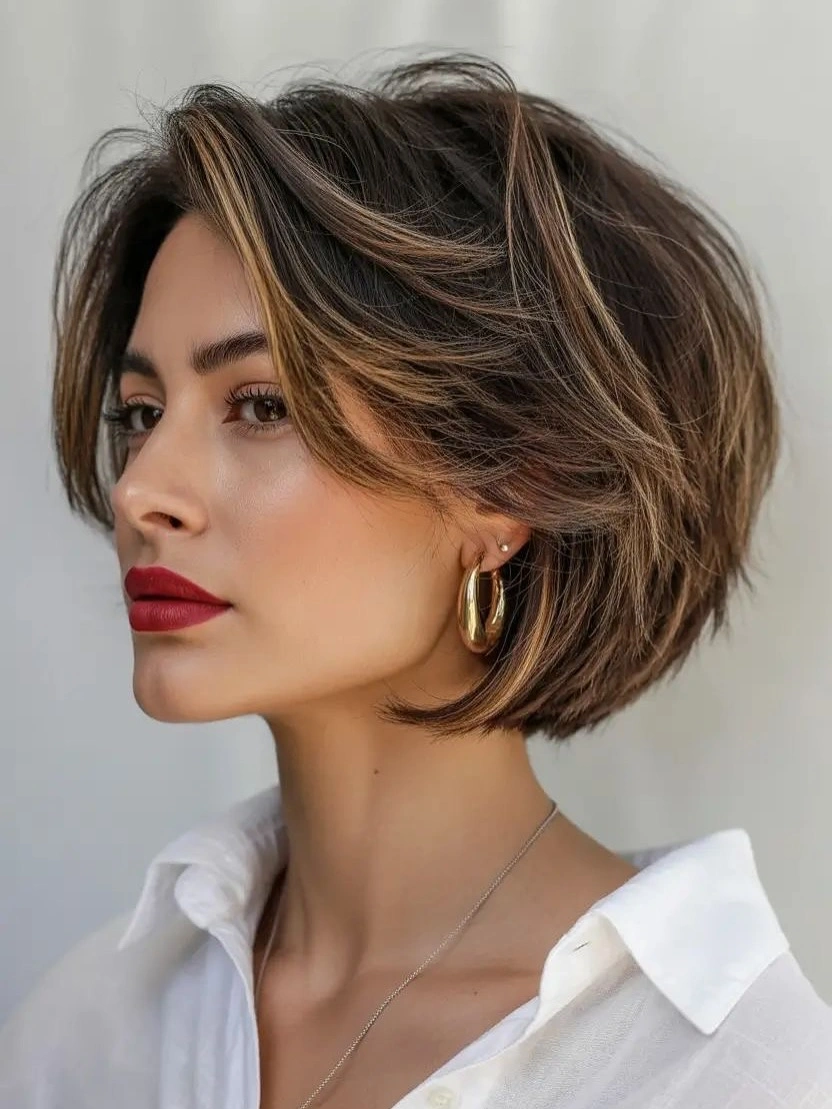 Short brunette layered bob with voluminous crown and long front