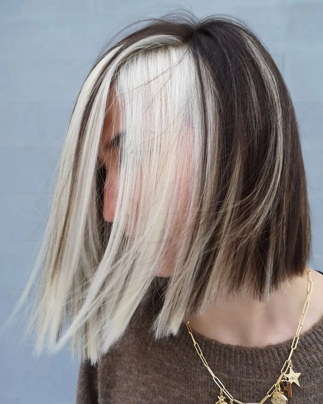 Asymmetrical dark bob with broad platinum front panel