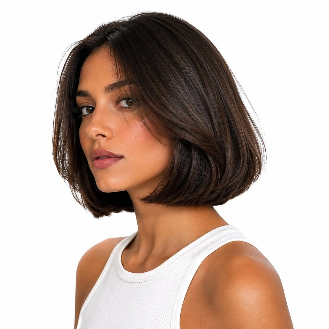 Dark brown chin-length bob with smooth rounded ends