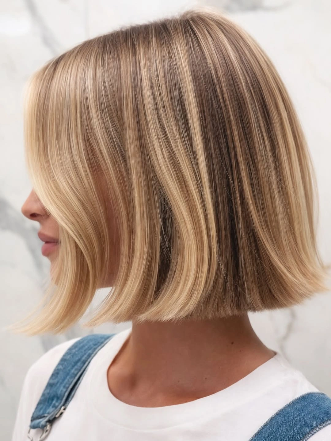 Blonde bob with darker roots and slightly longer front