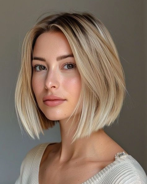 Light blonde bob with darker roots and blunt jaw-length ends
