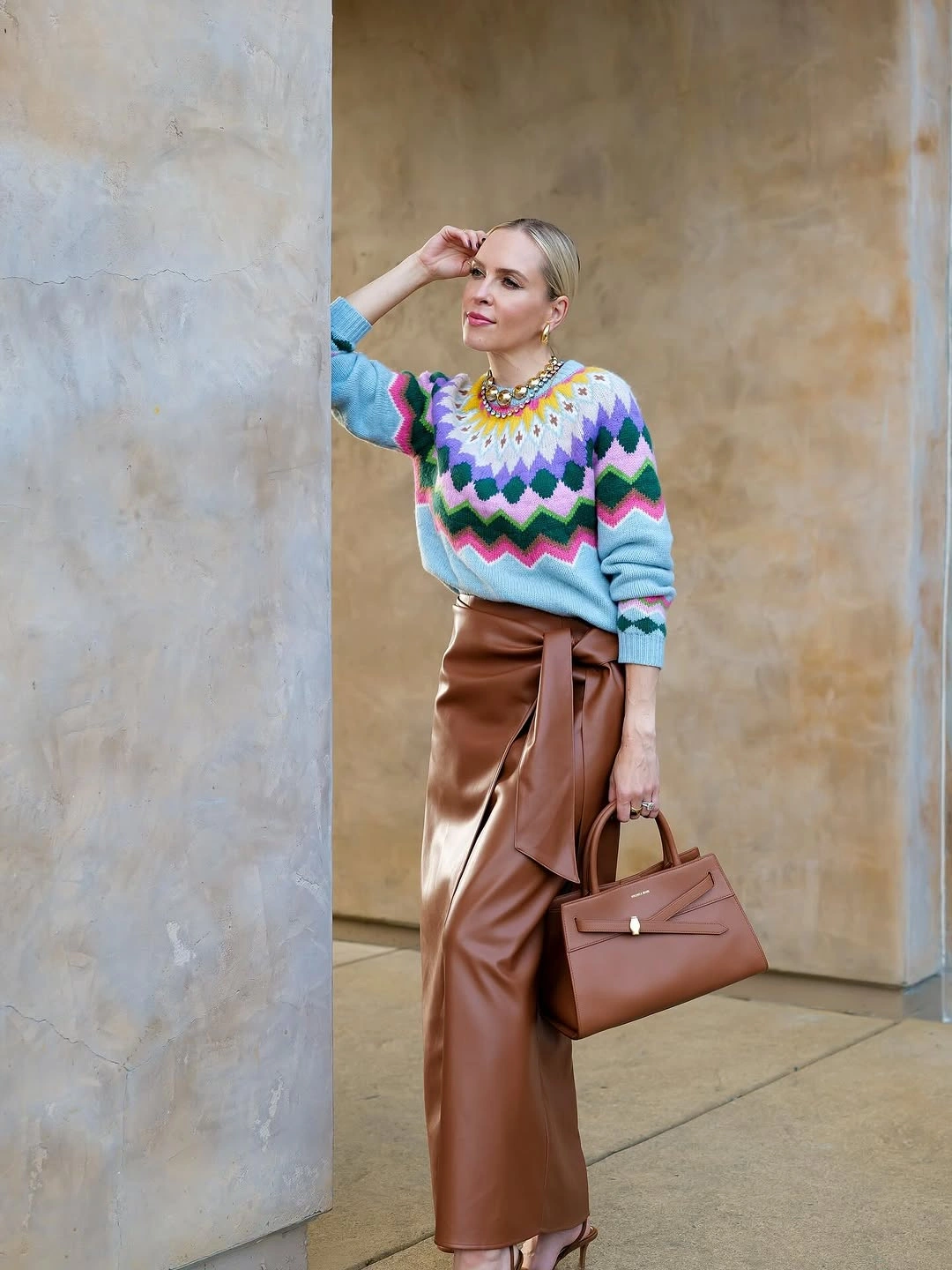 Pale blue chevron sweater with long brown wrap skirt