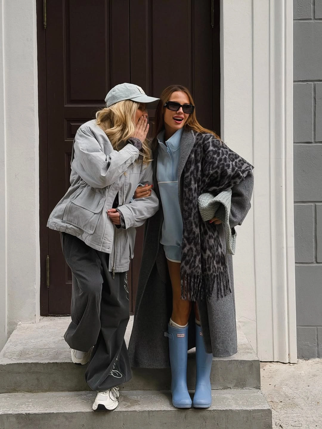 Two casual layered outfits in gray and pale blue