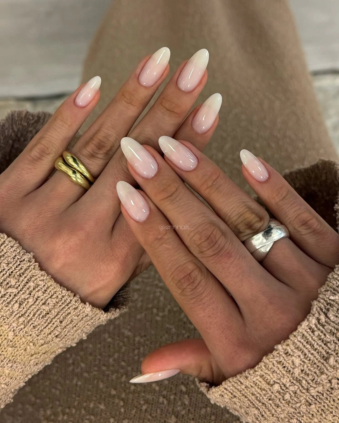 Milky French almond nails with soft pink bases