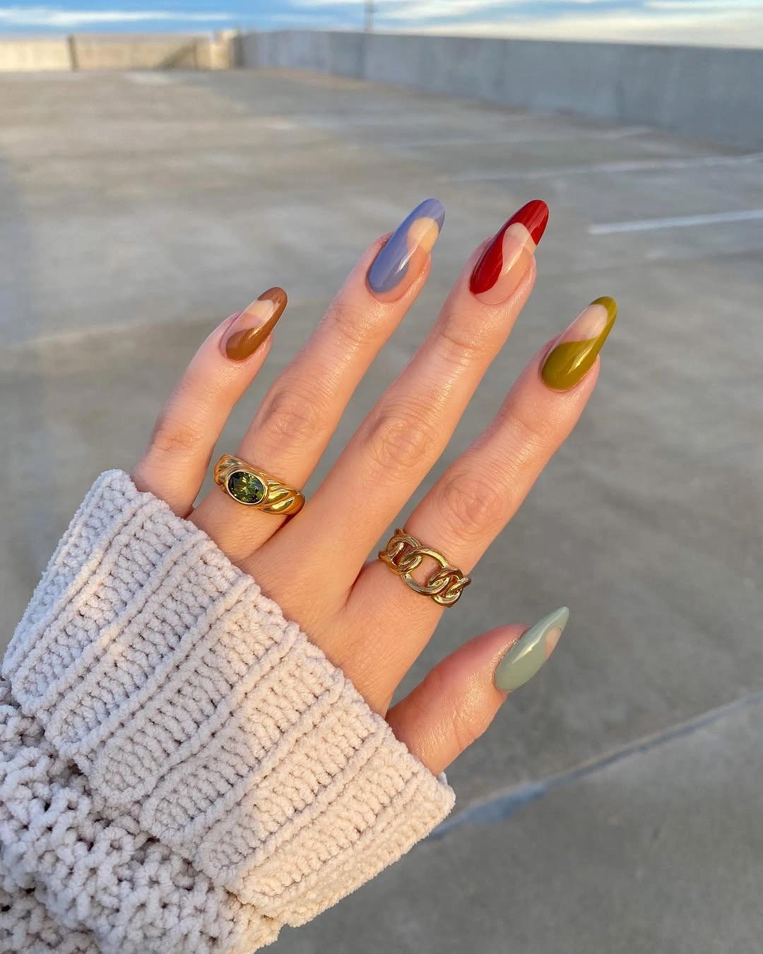 Long almond nails with translucent multicolor tips