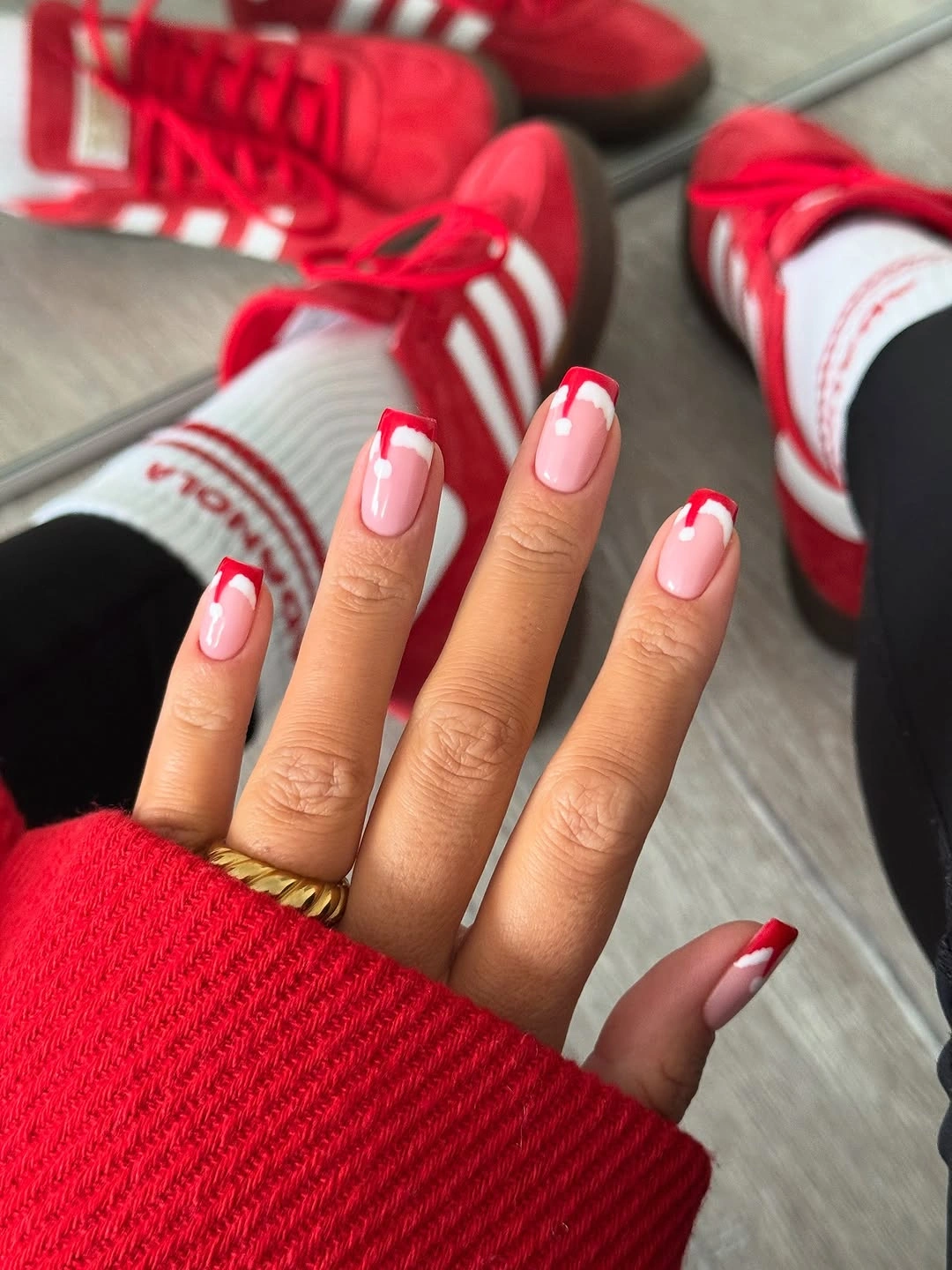 Square pale pink nails with red French tips