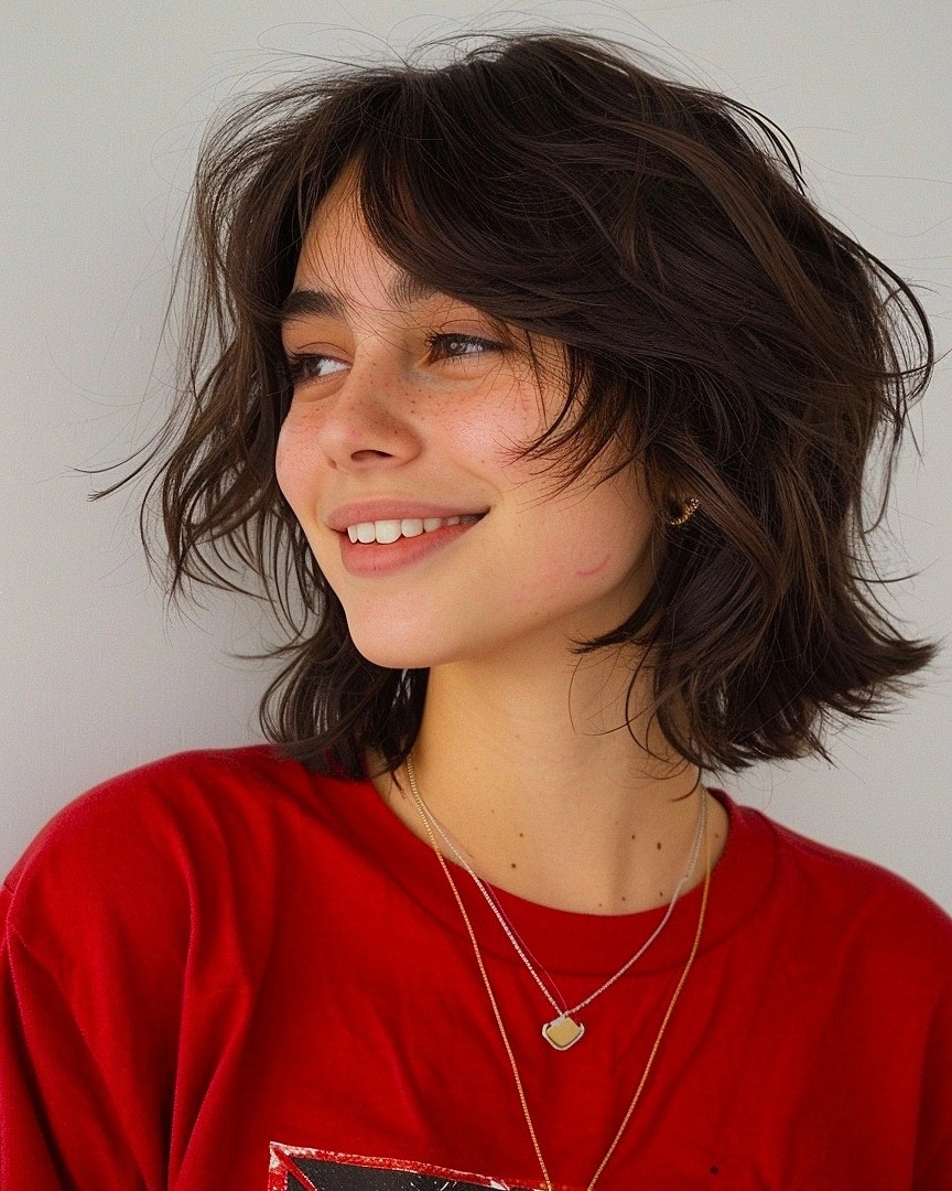 Dark shoulder-length shag with airy bangs and red shirt