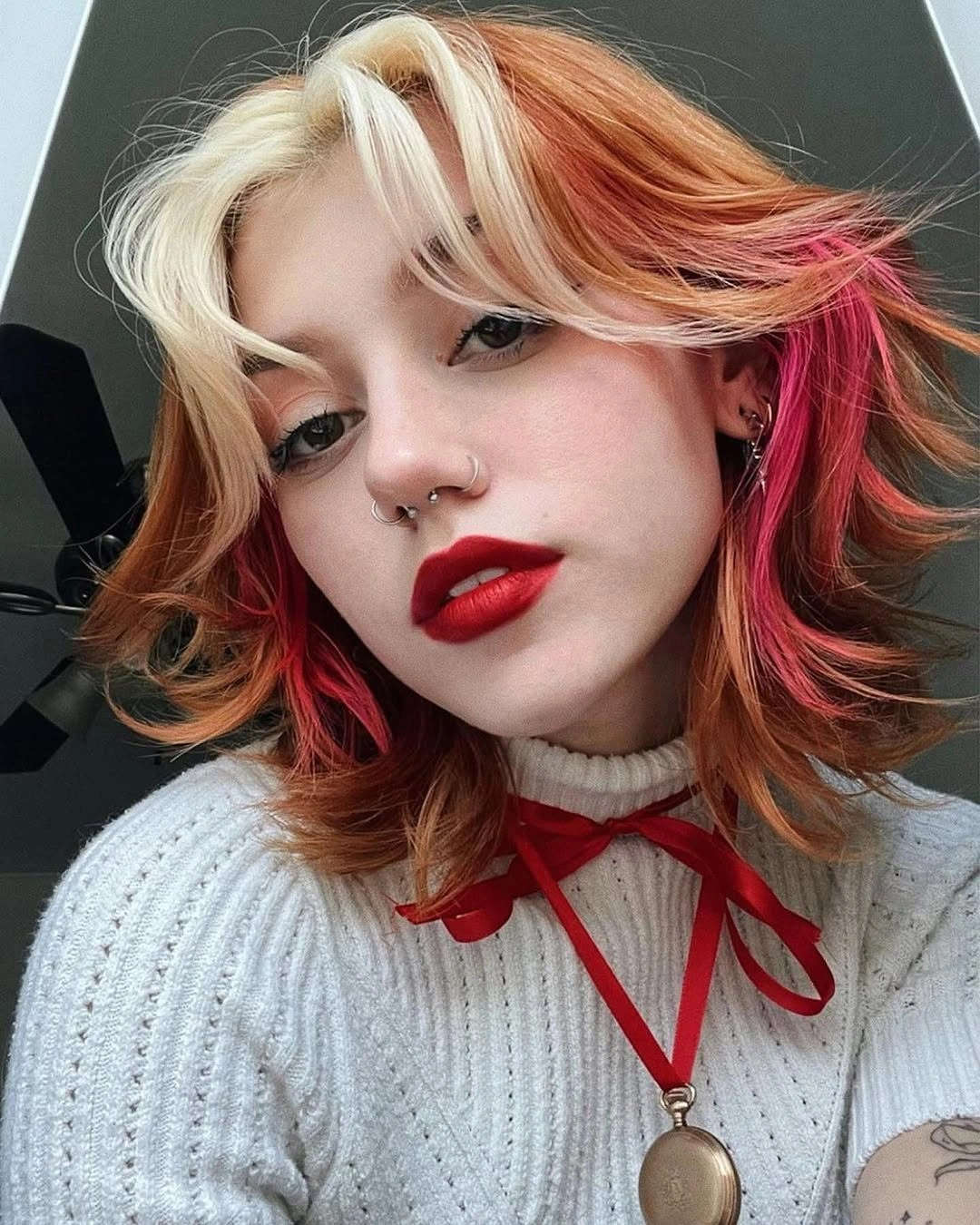 Layered copper hair with blonde front and pink underlayers