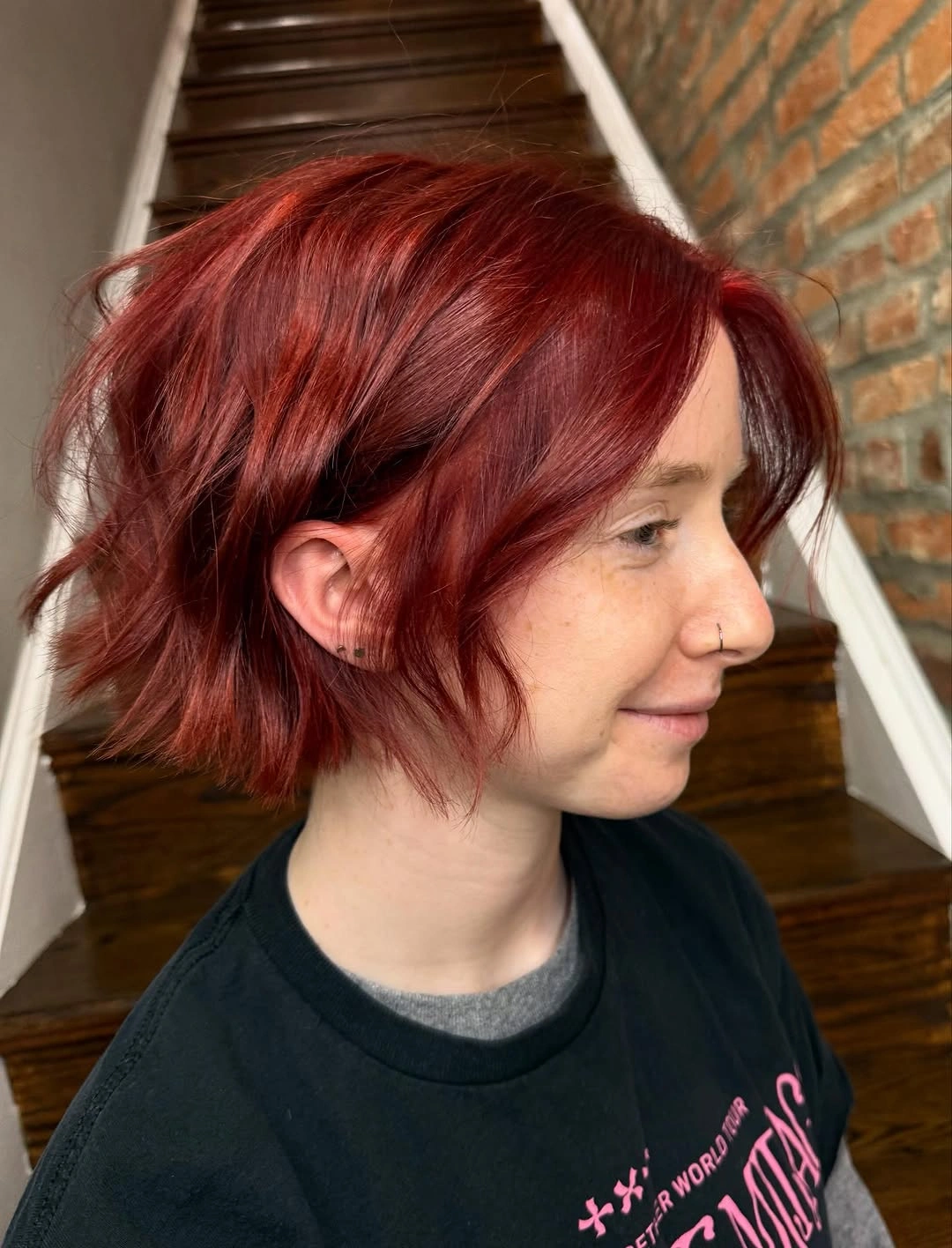 Short red wavy bob with parted front pieces