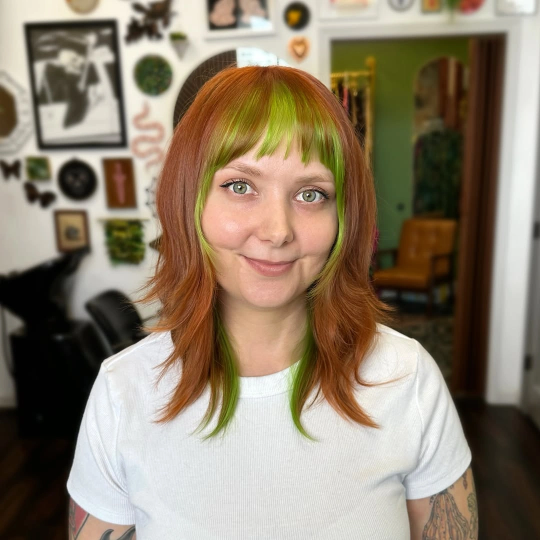 Copper shag with lime fringe and turned-out ends